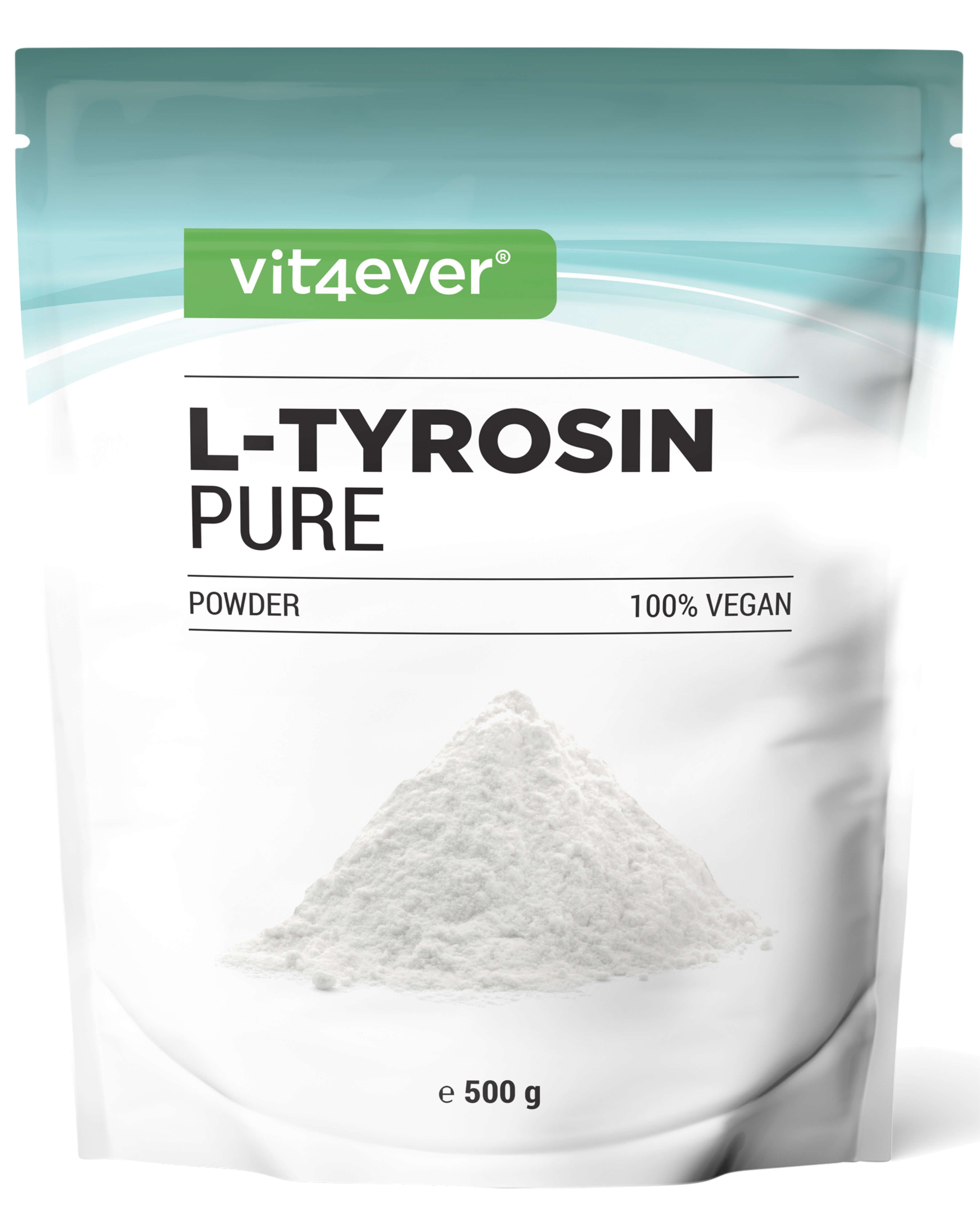 Vit4ever L-Tyrosin Pure Pulver in einem Beutel. 500g. 100% vegan. Weißes Pulver. Marke und Produktname deutlich sichtbar.