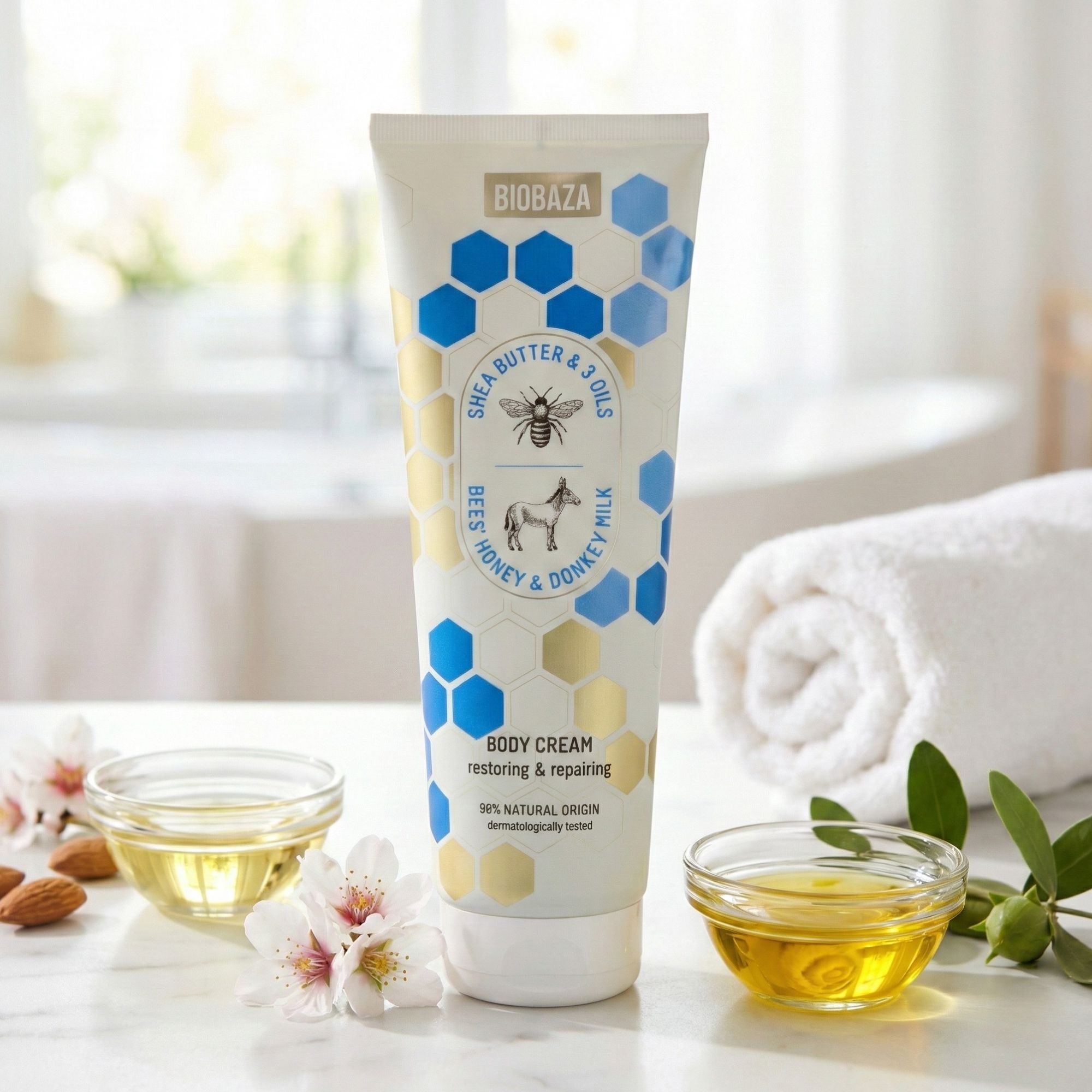 Creme-Tube mit Honigwaben-Design. Aufschrift: Shea Butter & 3 Öle, Bienen, Honig & Eselsmilch. Zusätzliche Elemente: Öl, Mandeln, Handtuch.