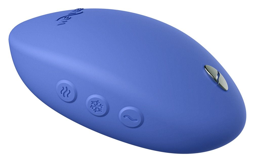 Blaues, ovales Gerät mit drei Knöpfen und einem silbernen Knopf. Logo "We-Vibe" oben. Knöpfe mit Symbolen für Wärme und Kälte.