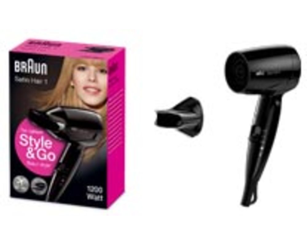 Braun Satin Hair 1 Style & Go Haartrockner und Stylingdüse neben der Verpackung.