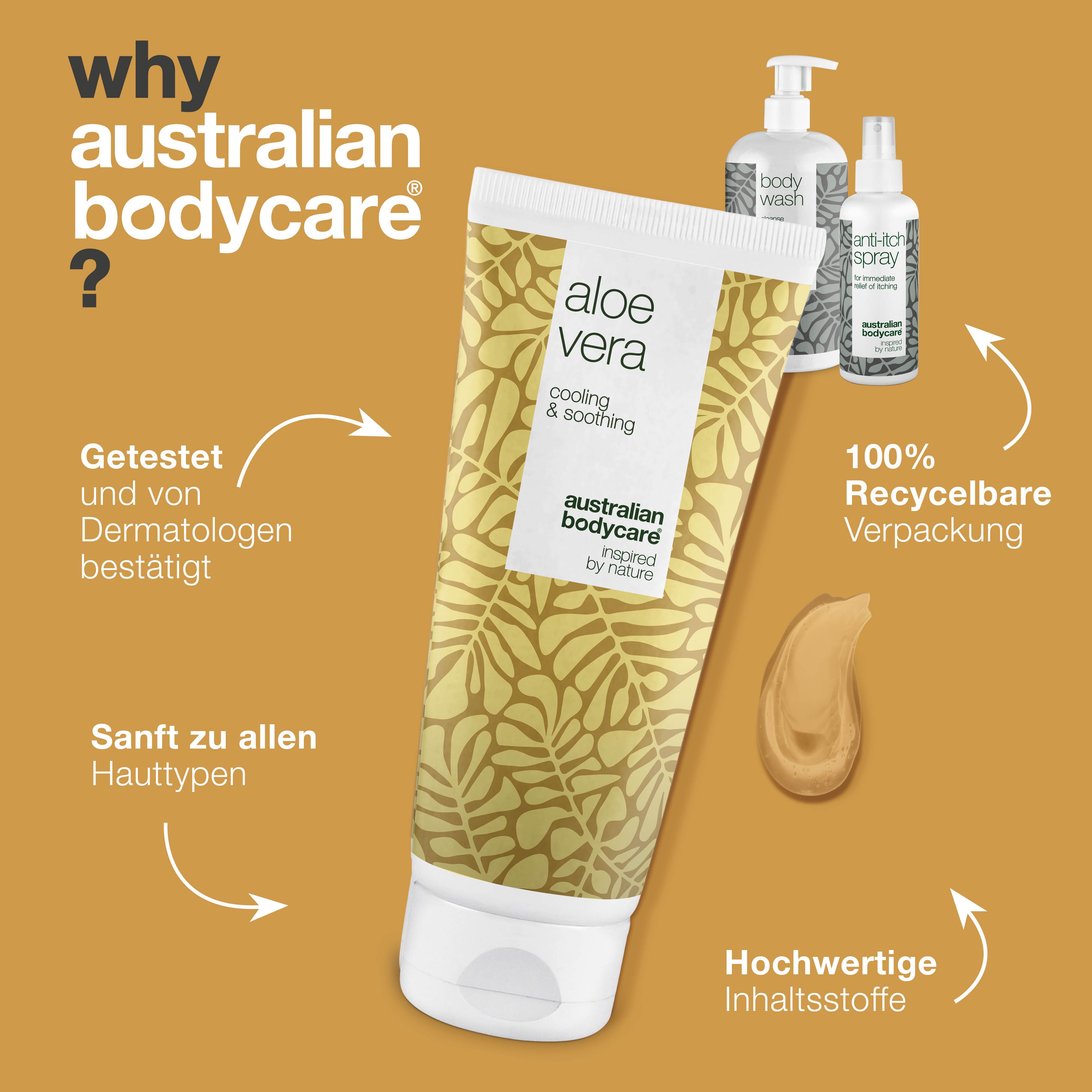 Aloe Vera Gel, Body Wash und Anti-Juckreiz Spray. Gel-Tropfen. Text: Warum Australian Bodycare?