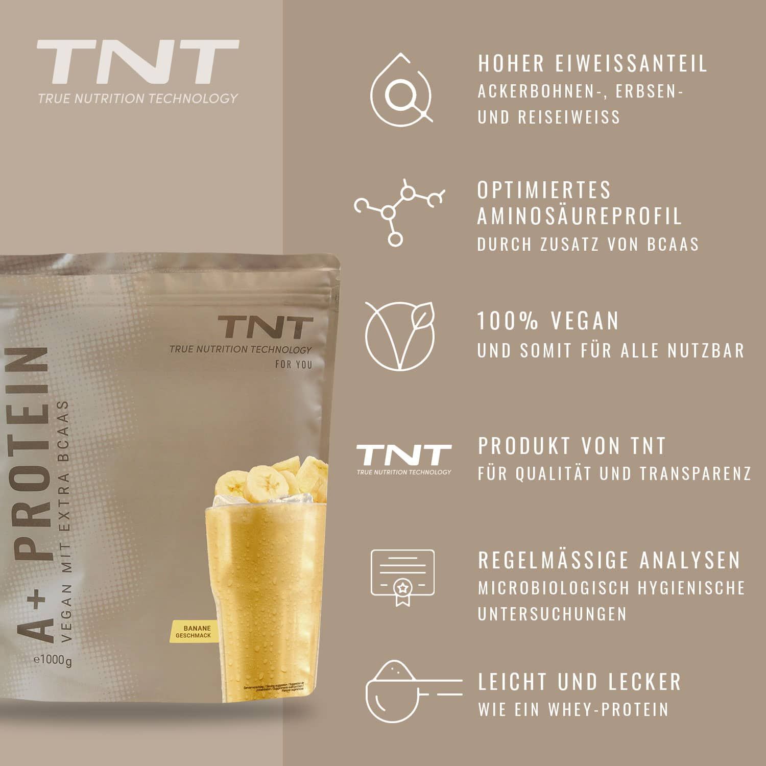 Beutel mit TNT A+ Protein, vegan. Text: Hoher Eiweißanteil, optimiertes Aminosäureprofil, 100% vegan, Produkt von TNT, leicht und lecker.