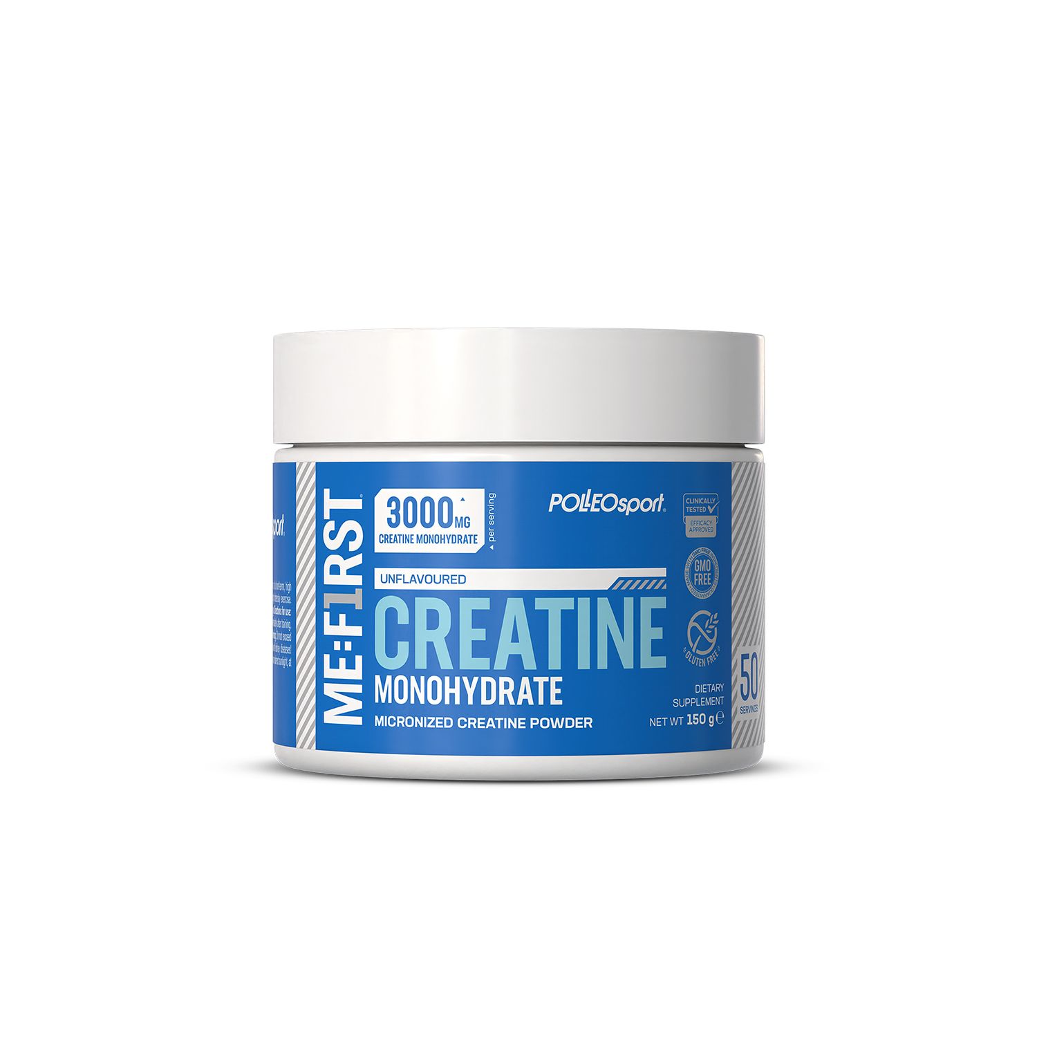Weißes, zylindrisches Supplement-Behälter mit blauem Etikett. Aufschrift: ME:FIRST Creatine Monohydrate, 3000 mg, unflavored. Marke: PolleoSport.
