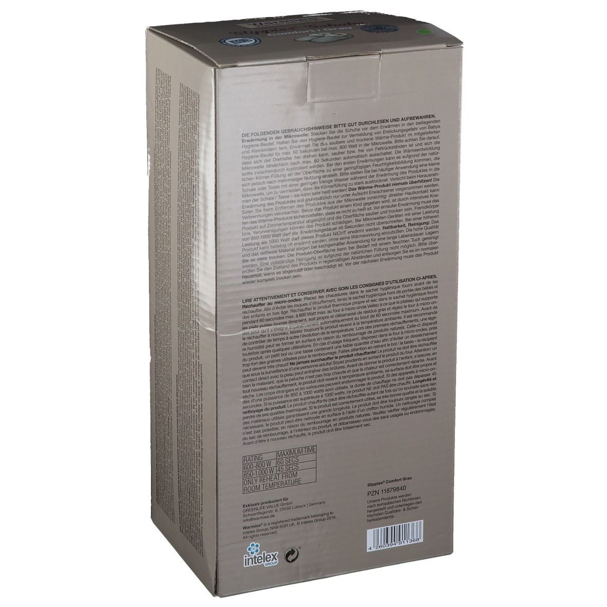 Rückseite der Warmies® Slippies-Schuh-Verpackung. Text und Informationen auf der Verpackung.