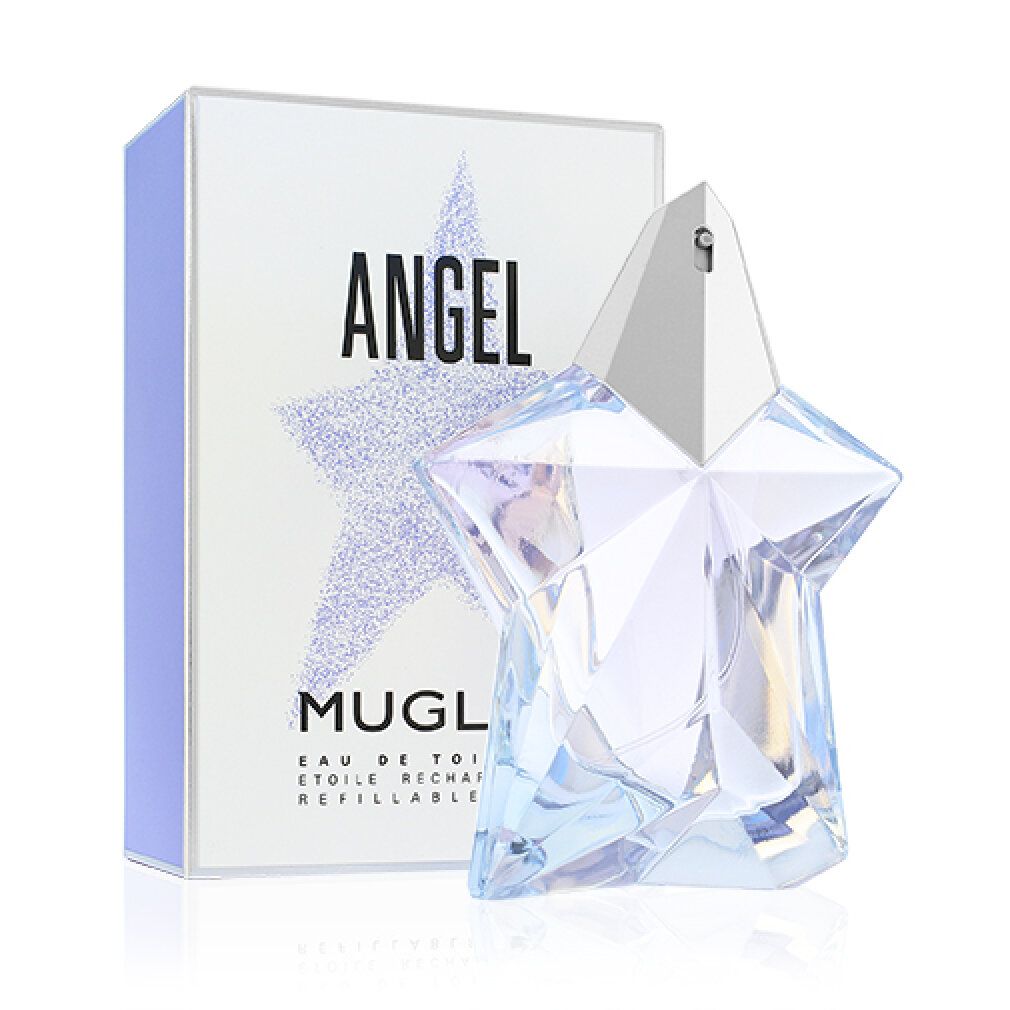 Ein sternförmiger Flakon und eine Schachtel. Auf der Schachtel steht "Angel" und "Mugler". Der Flakon ist transparent und hat einen silbernen Verschluss.