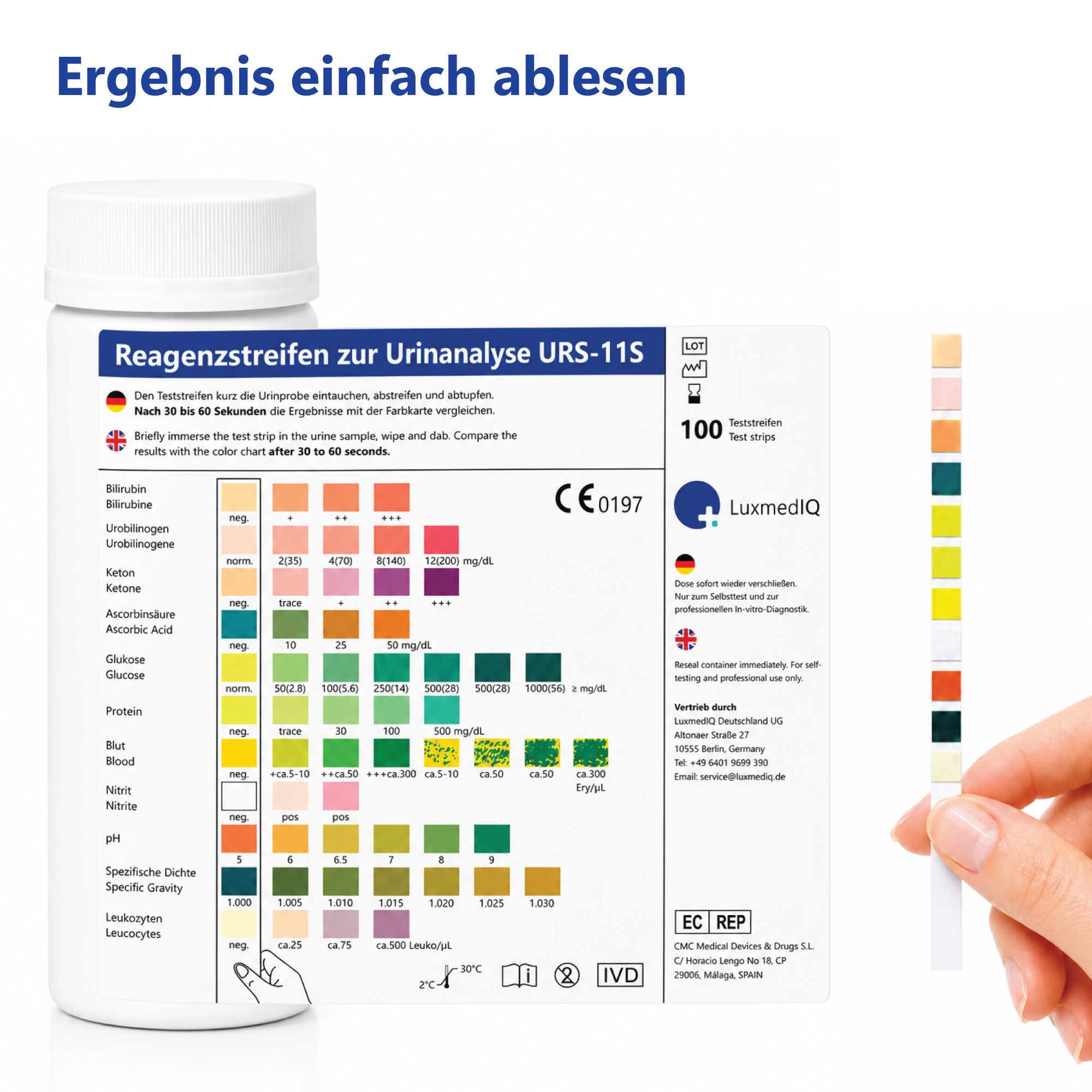 Urin-Teststreifen und Farbskala. Flasche mit Teststreifen und Packungsbeilage. Aufschrift: Reagenzstreifen zur Urinanalyse URS-11S.