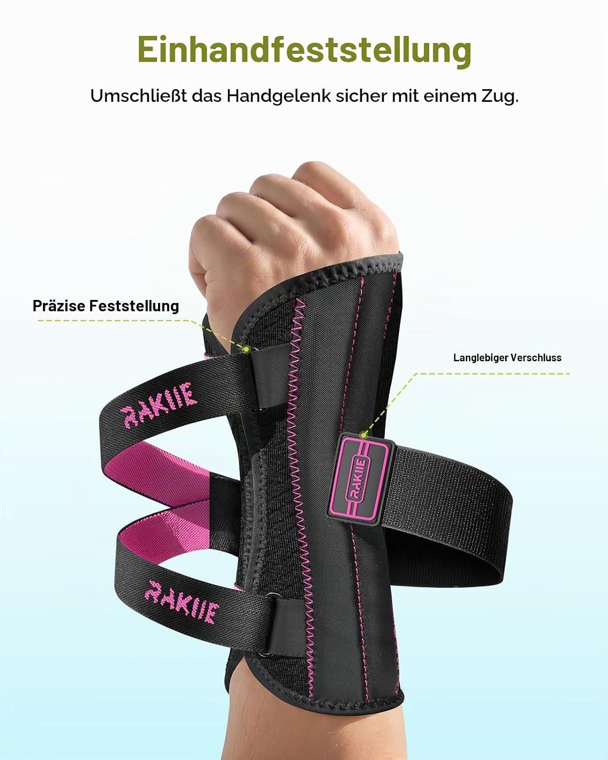 Handgelenkbandage mit Schnürung und pinken Riemen, "RAKIIE" Logo.