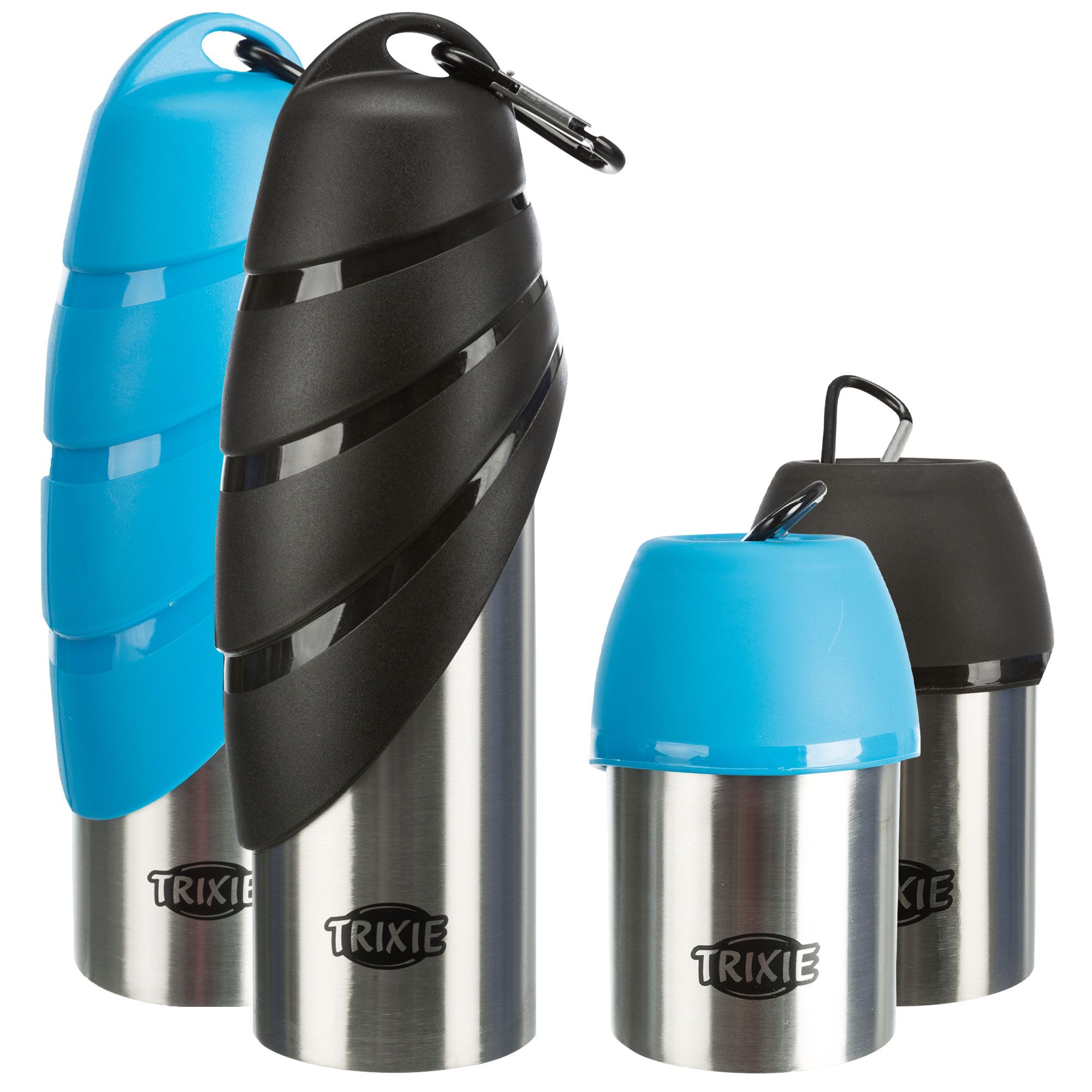 Edelstahl-Trinkflaschen für Hunde, blau und schwarz, mit Trinknapf. Marke Trixie.