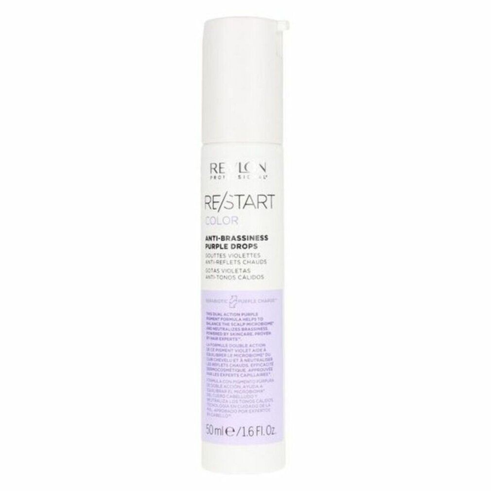 Weiß-lila Flasche. Aufschrift: Revlon Re-Start Color Anti-Brassiness Purple Drops. 50ml/1.6 fl.oz.