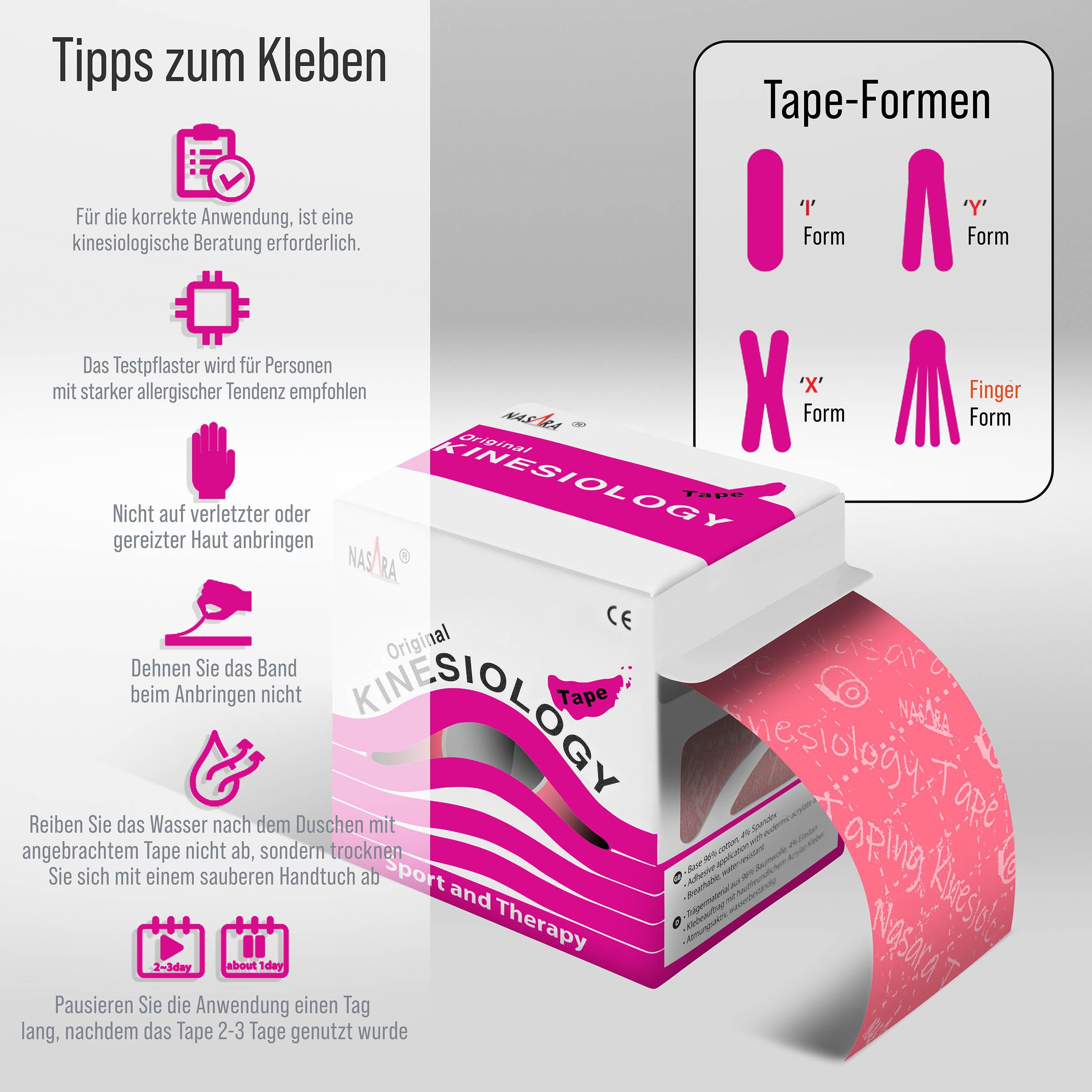 Box mit NASARA Kinesiologie Tape. Pinkfarbenes Tape wird gezeigt. Text: Tipps zum Kleben. Tape-Formen.