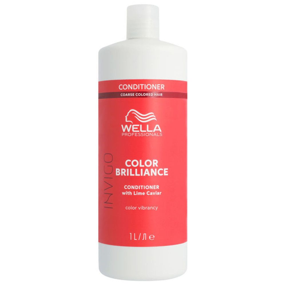 Weiße Flasche mit rotem Etikett. Aufschrift: Wella Professionals Invigo Color Brilliance Conditioner. 1L.