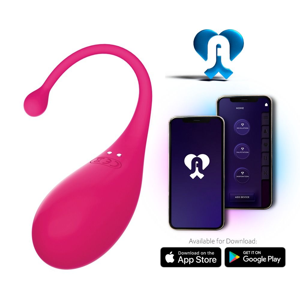 Rosa Ei-förmiges Produkt mit gebogenem Stiel. Zwei Smartphones mit App-Oberfläche. App-Logos.