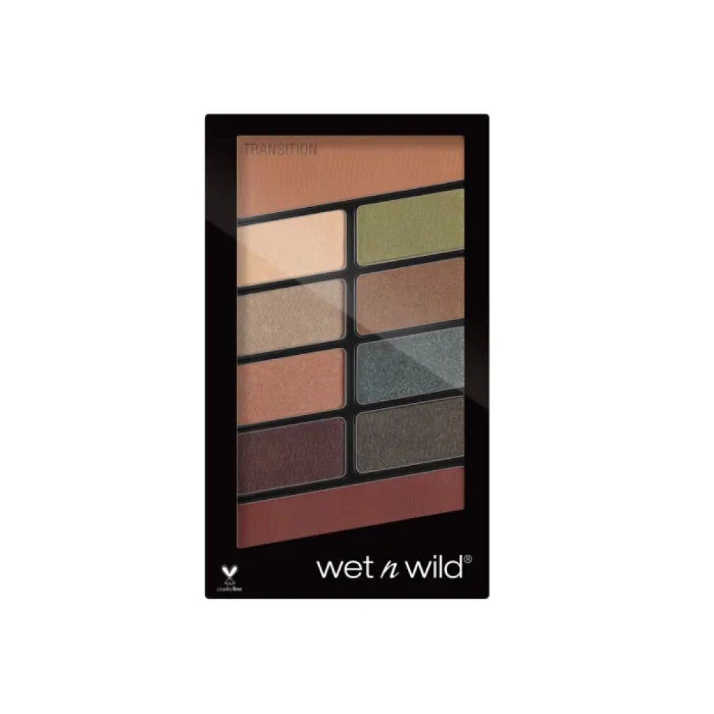 Schwarze Lidschattenpalette mit 10 Farben. Enthält Farbtöne von Beige bis Braun und Grün. Marke: wet n wild. Mit Cruelty-Free-Logo.