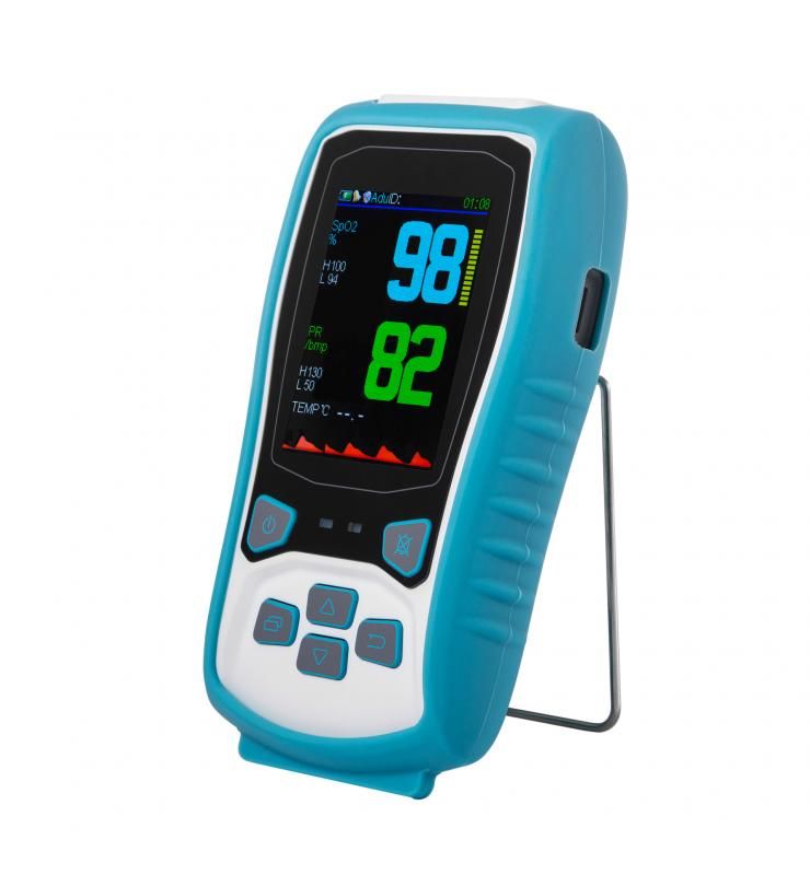 Blaues Pulsoximeter mit digitalem Display, das SpO2 (98%) und Puls (82) anzeigt.
