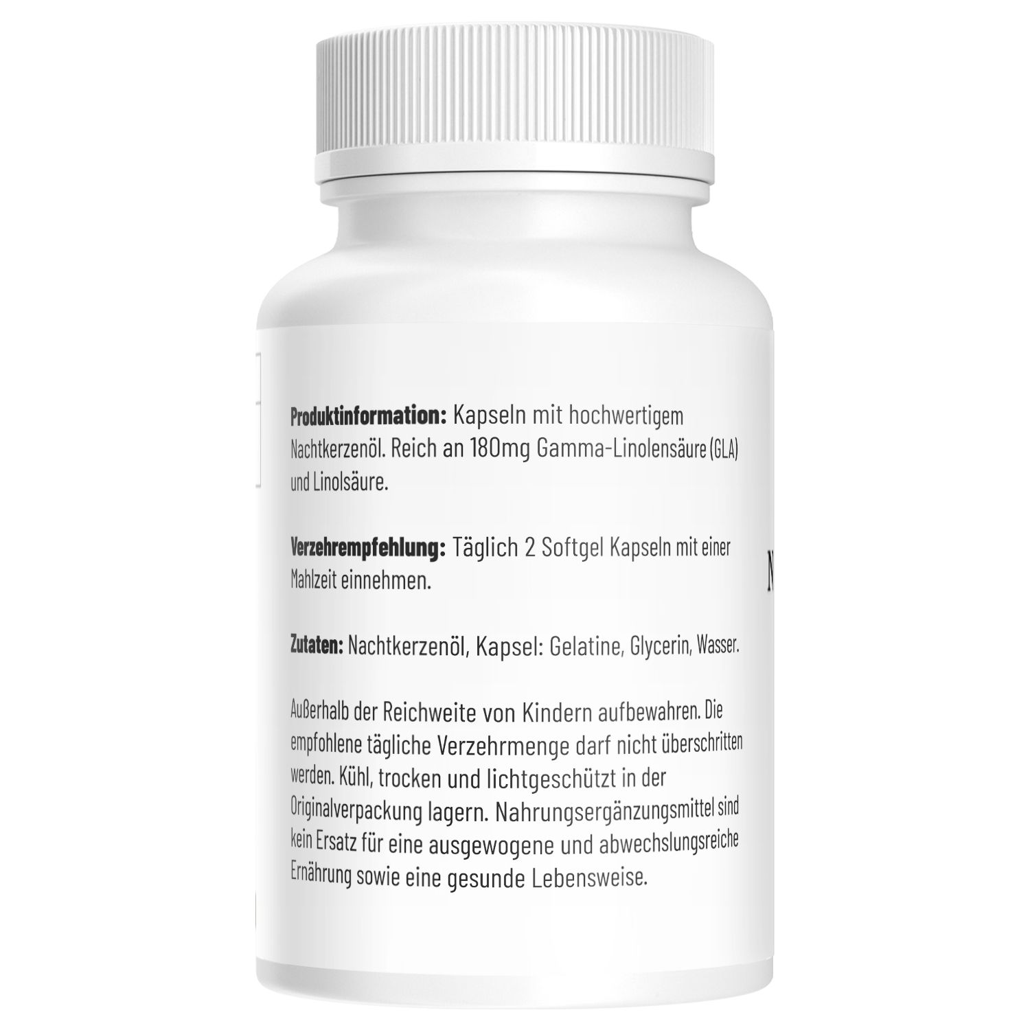 Rückseite einer Flasche Nachtkerzenöl Kapseln mit Produktinformationen und Zutaten.
