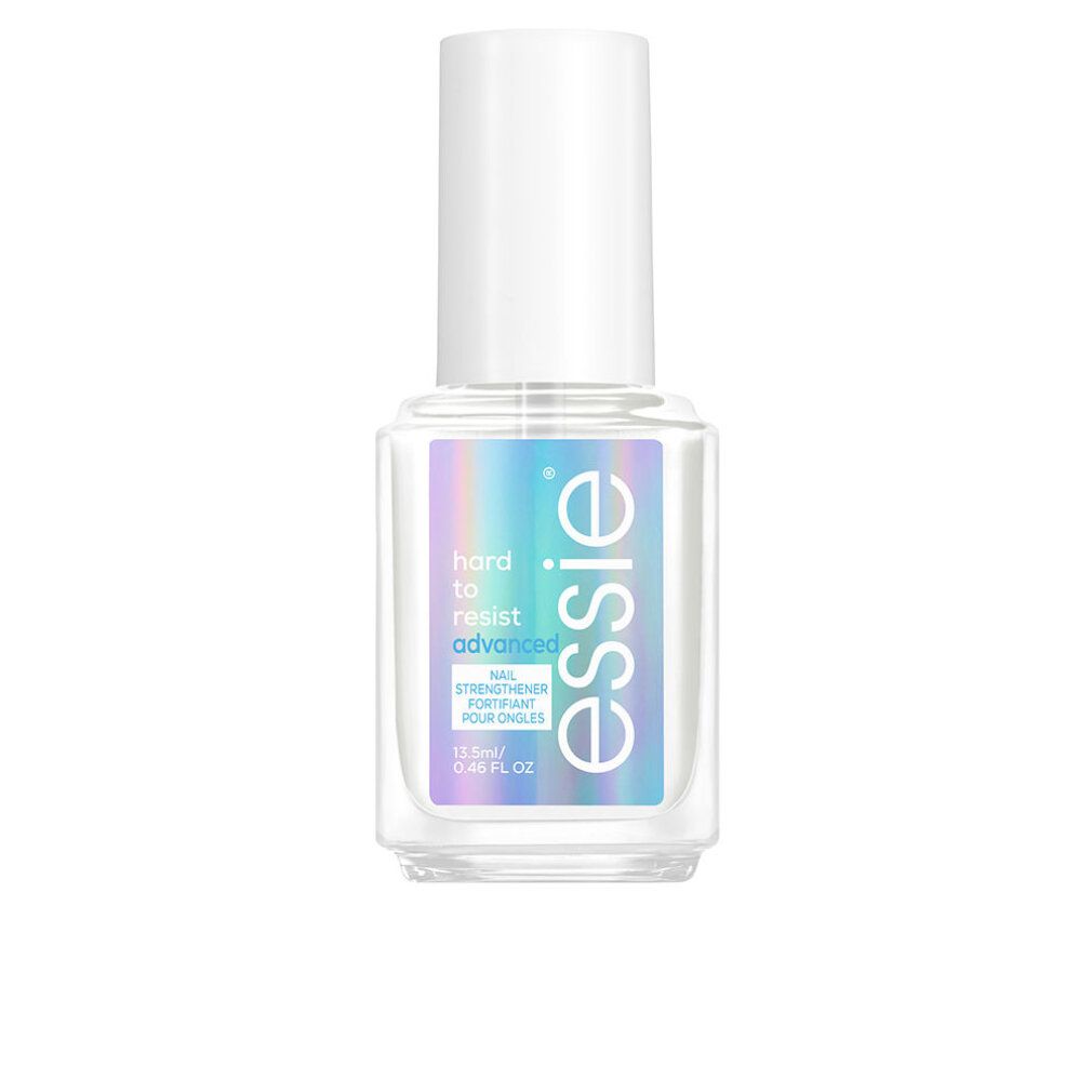 Essie Hard to Resist Nagelhärter. Klare Flasche mit weißem Deckel. Etikett mit Produktnamen und Volumenangabe.