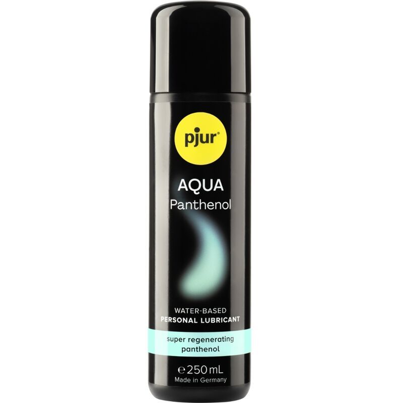 Schwarze Flasche mit schwarzem Deckel. Aufschrift: pjur AQUA Panthenol. Text: Water-based Personal Lubricant. 250ml/8.5 fl.oz.