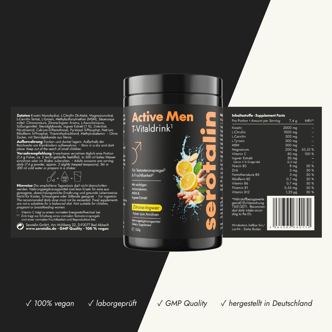 Produktverpackung: Dose "Active Men T-Vitaldrink". Inhaltsstoffe, Nährwertangaben, Anwendungshinweise. 100% vegan, laborgeprüft, GMP.