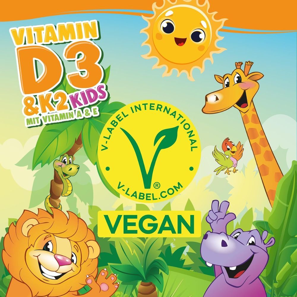Flasche und Karton mit Vitamin D3+K2 Tropfen für Kinder, mit Comic-Tieren, Sonne und V-Label.