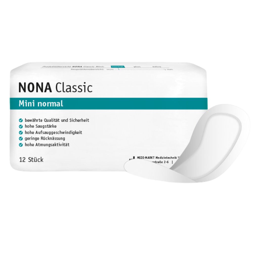 Weiße Vorlage mit Verpackung. Verpackung mit Produktnamen "NONA Classic Mini normal". 12 Stück. Produkt liegt daneben.