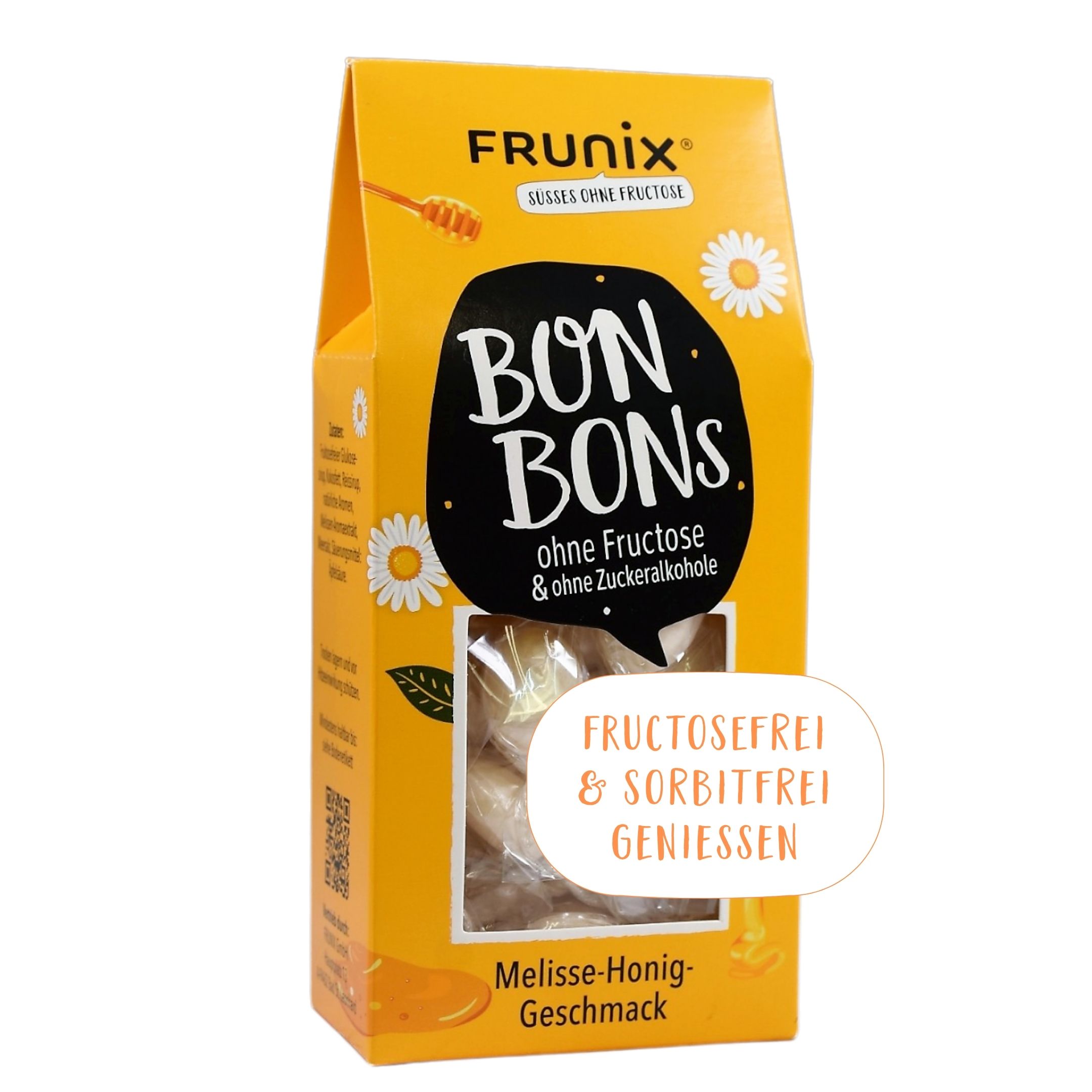 Gelbe Verpackung mit FRUNIX® Bonbons. Text: fructosefrei & sorbitfrei genießen. Honig-Melisse-Geschmack.