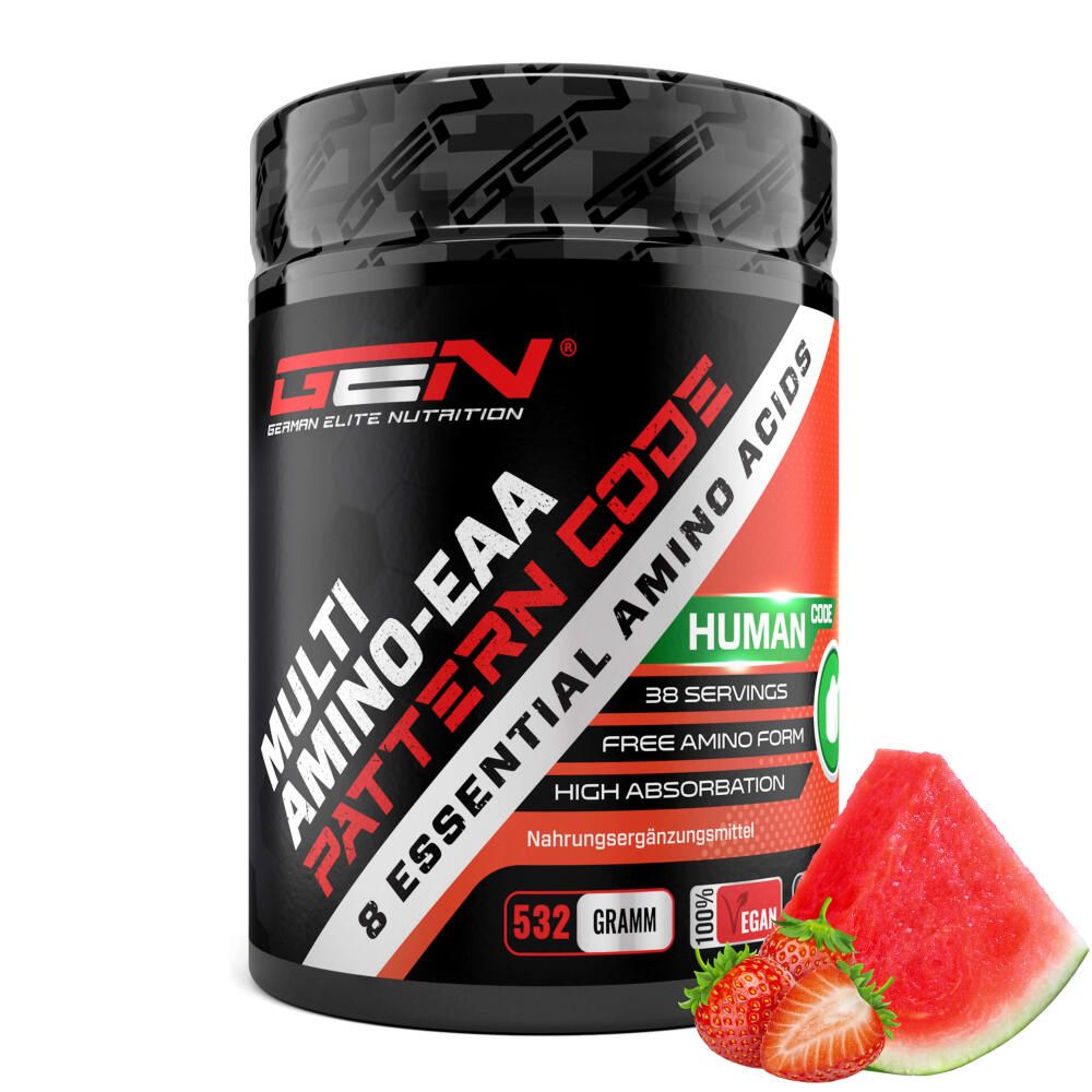 Dose mit rotem Etikett, Text: Multi Amino-EAA, 8 Essential Amino Acids. Mit Wassermelone und Erdbeeren.