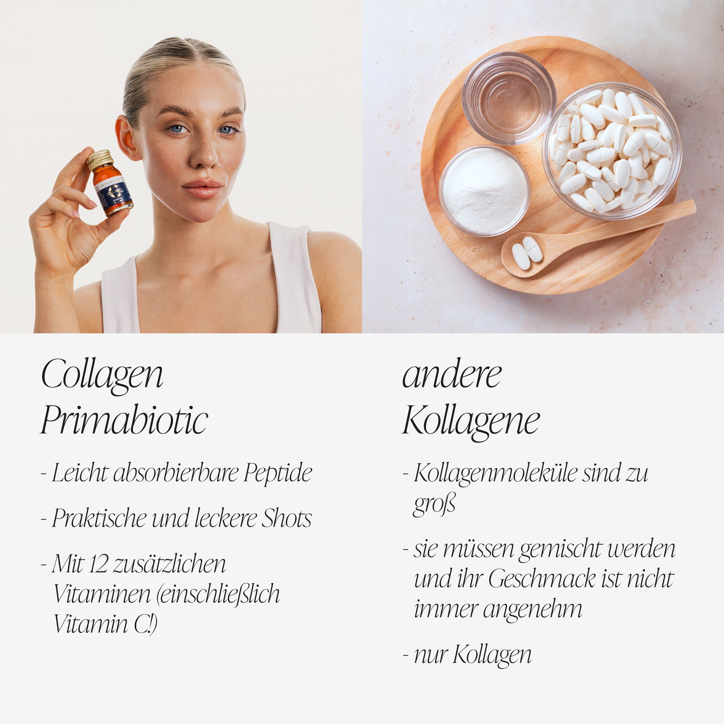 Vergleich von Primabiotic Collagen und anderen Kollagenen. Flasche vs. Pulver und Kapseln.