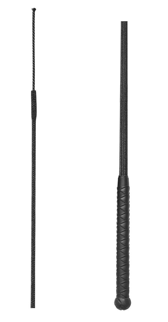 Zwei schwarze Reitgerten. Eine mit geflochtenem Schaft, eine mit Griff.