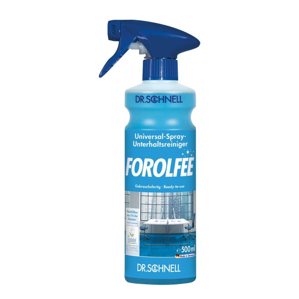 Blau-transparente Sprühflasche mit blauem Sprühkopf. Aufschrift: FOROLFEE, DR.SCHNELL. Produktbezeichnung: Universal-Spray-Unterhaltsreiniger.