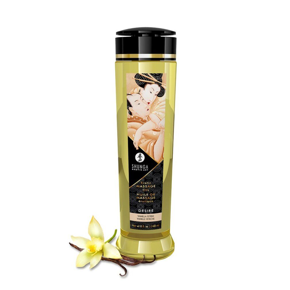 Flüssigkeit in einer Flasche mit schwarzem Deckel. Aufschrift: SHUNGA. Motiv: Paar. Daneben: Vanilleblüte und Schote.