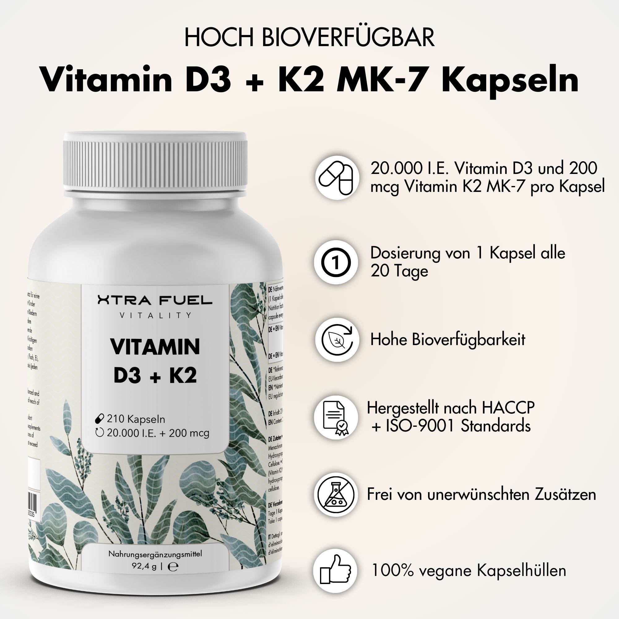 XTRA FUEL Vitamin D3 + K2 Kapseln: 20.000 I.E. + 200mcg MK-7 all-trans