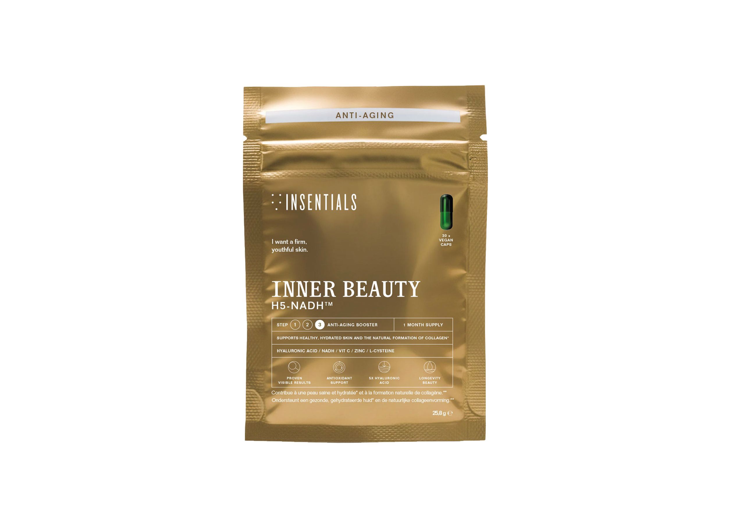 Goldene 'Insentials Inner Beauty H5-NADH' Beutelverpackung mit Kapsel-Symbol.