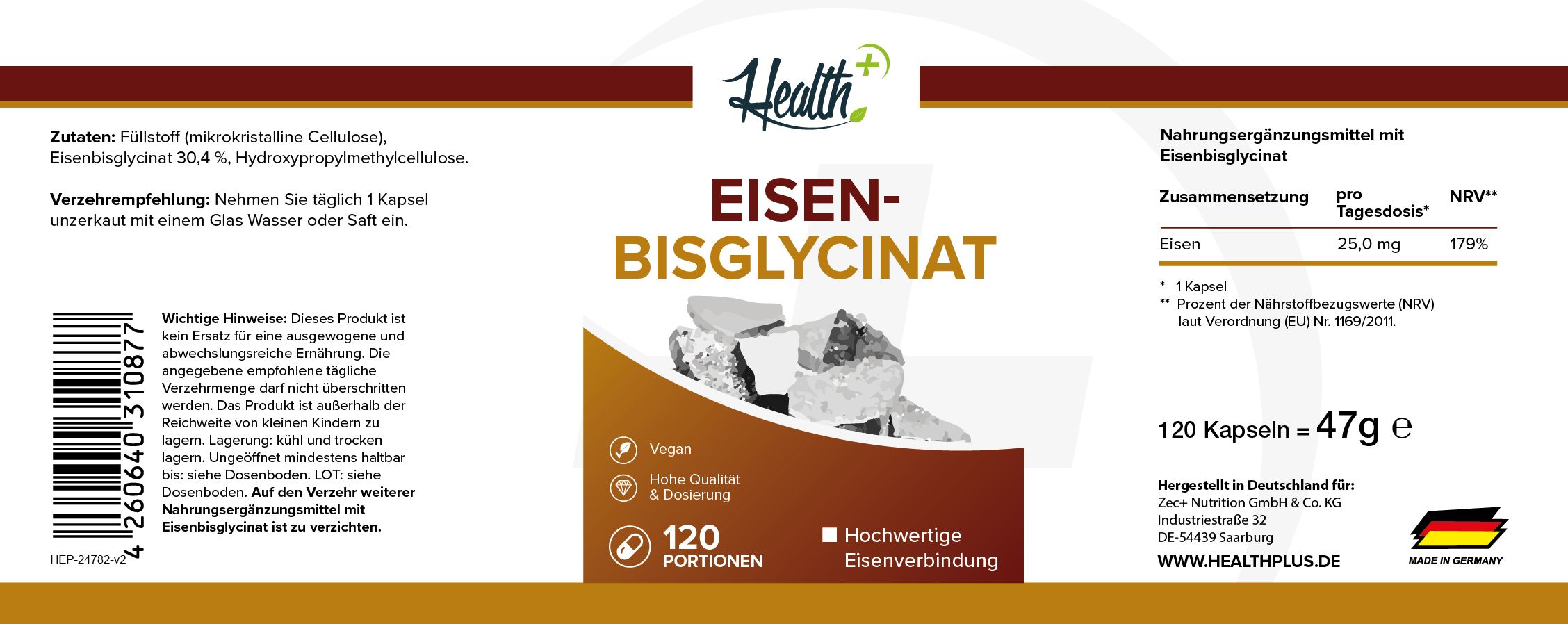 Etikett mit HEALTH+ EISENBISGLYCINAT. Text: Nahrungsergänzungsmittel, 120 Kapseln, 47g. Vegan. Hochwertige Eisenverbindung. Hergestellt in Deutschland.