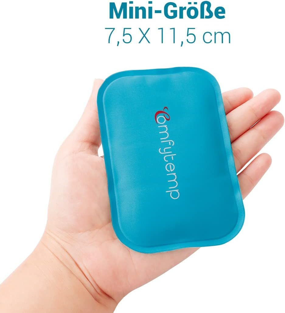 Vier Szenen, die die vielseitige Anwendung einer blauen Schulter-Kühlpackung zeigen.
