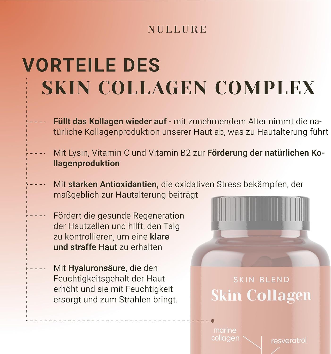 Nahaufnahme einer braunen Flasche mit Skin Collagen. Text über Vorteile des Skin Collagen Complex.