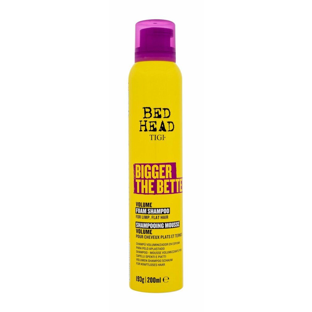 Gelbe Sprühflasche mit lila Verschluss. Aufschrift: Bed Head TIGI, Bigger The Better, Volume Foam Shampoo. Für feines Haar.