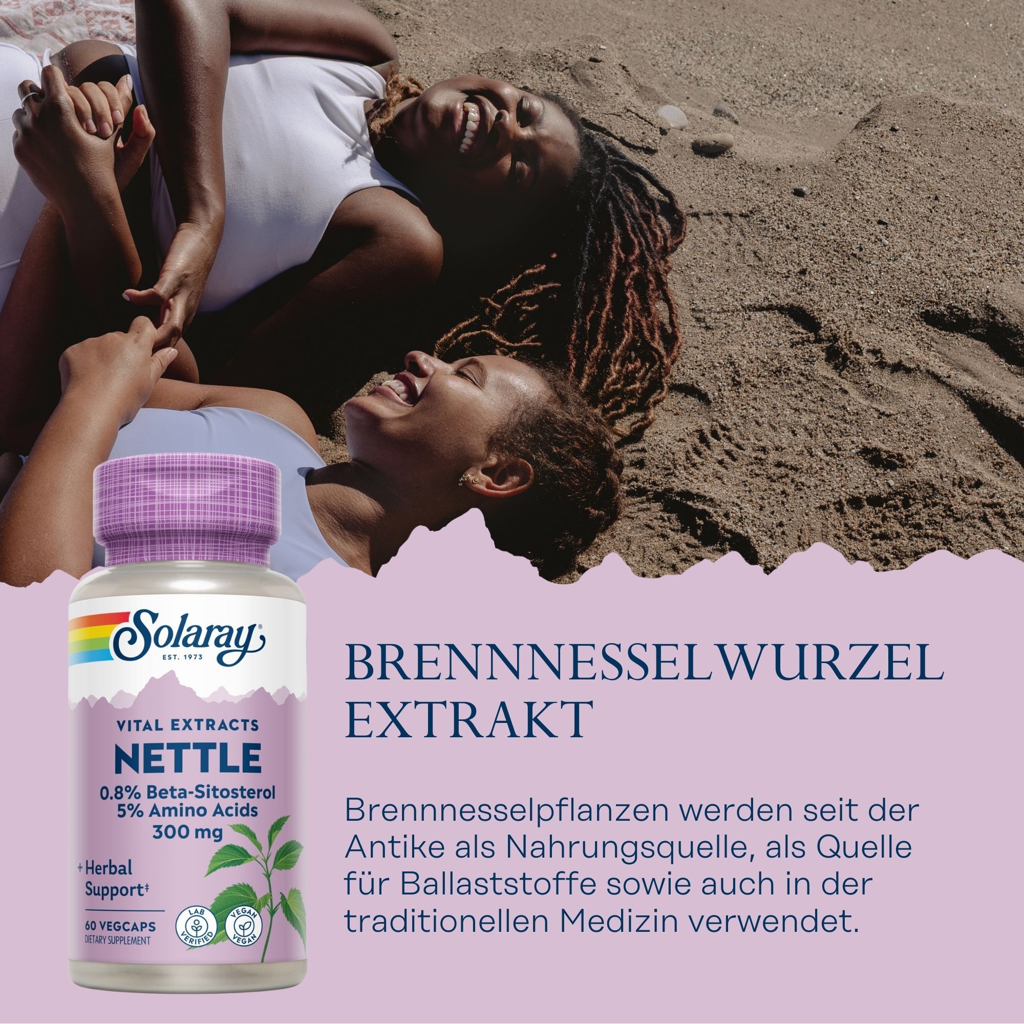 Solaray Brennnesselwurzel Extrakt Flasche. Aufschrift: Nettle, 0.8% Beta-Sitosterol, 5% Amino Acids, 300 mg. 60 Vegcaps. Herbal Support.