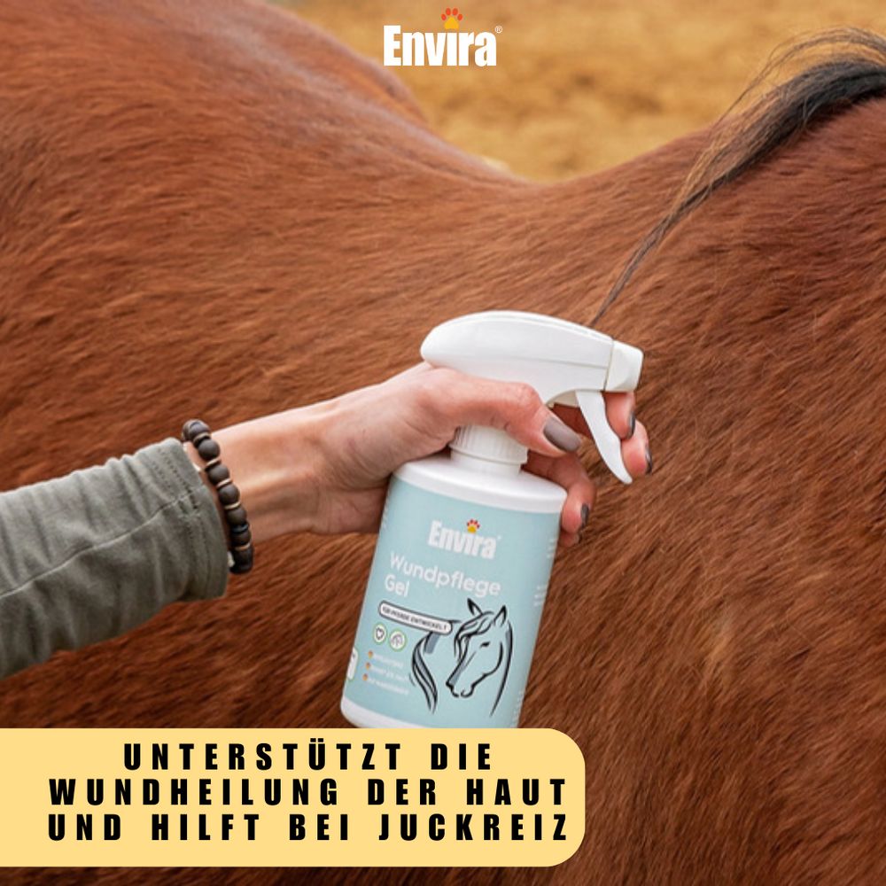 Person hält Flasche Envira Wundpflege Gel an Pferd. Text: Unterstützt die Wundheilung der Haut und hilft bei Juckreiz.