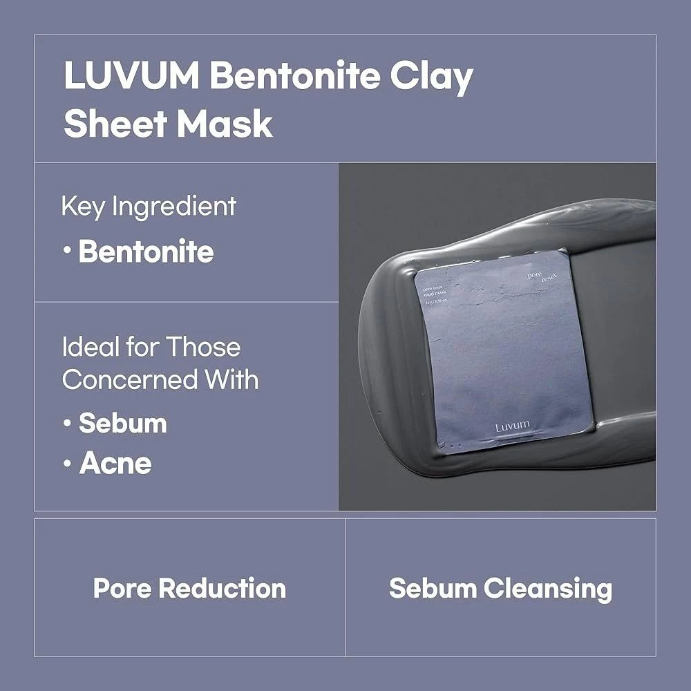Infografik: LUVUM Bentonite Clay Sheet Mask. Text: Key Ingredient: Bentonite, Ideal for Those Concerned With: Sebum, Acne.