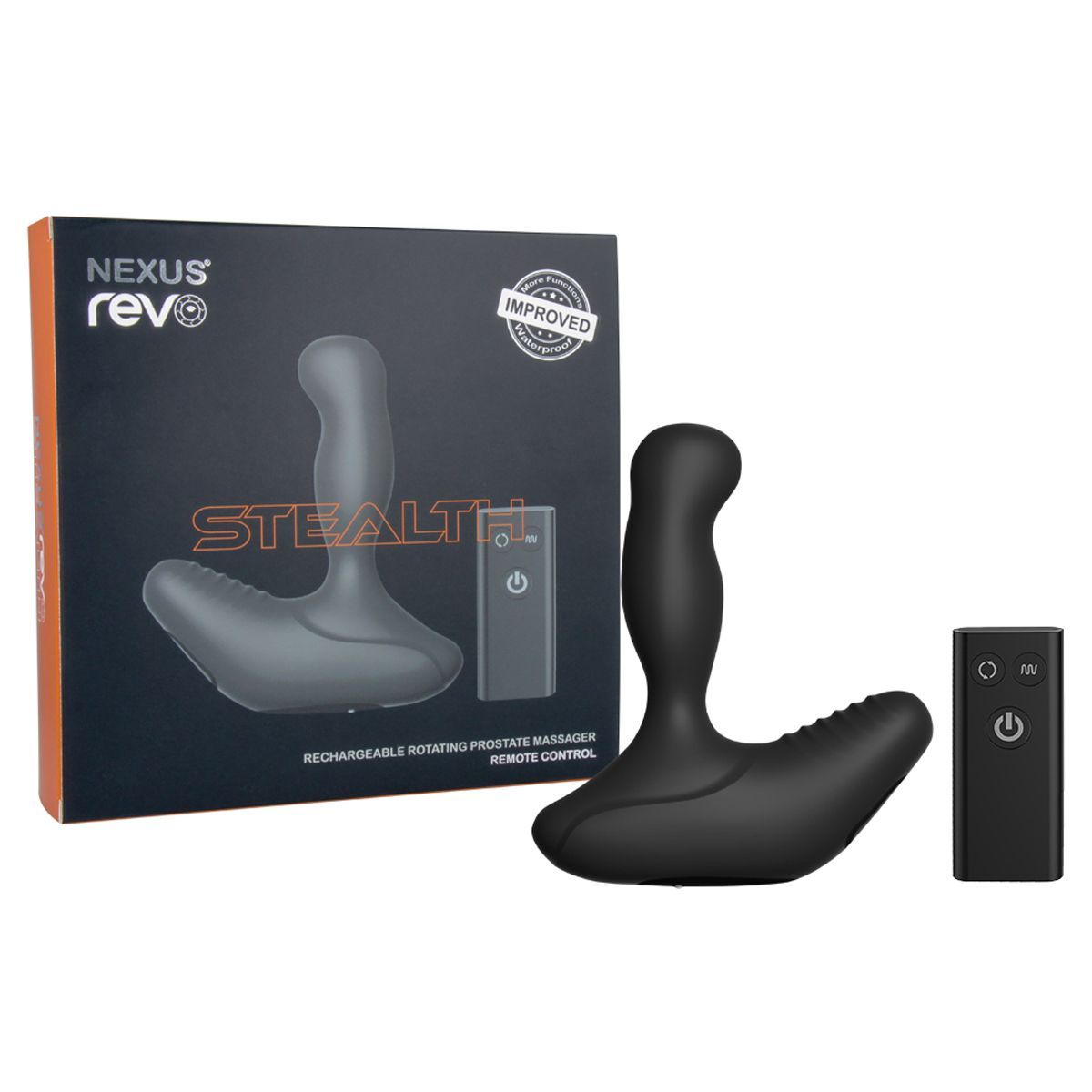 Verpackung mit Wellness-Produkt und Fernbedienung. Aufschrift: Nexus Revo Stealth. Text: Rechargeable Rotating Prostate Massager.