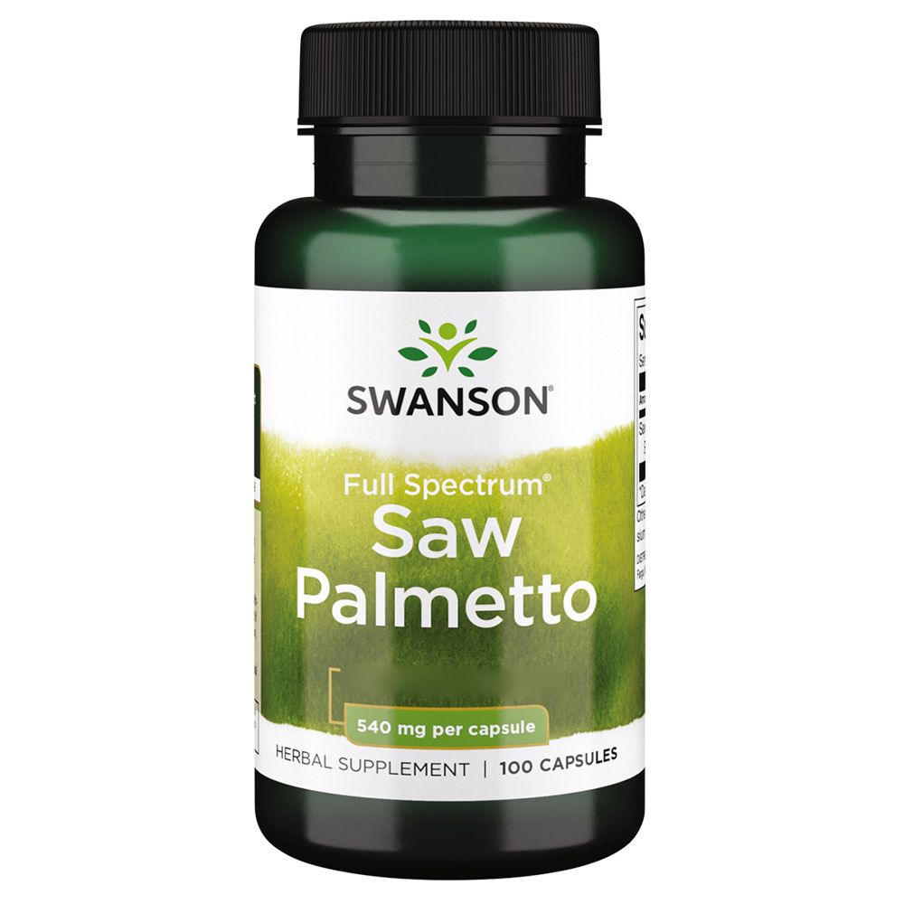 Grüne Flasche mit weißem Etikett. Aufschrift: SWANSON Saw Palmetto, 100 Kapseln. Schwarzer Deckel.
