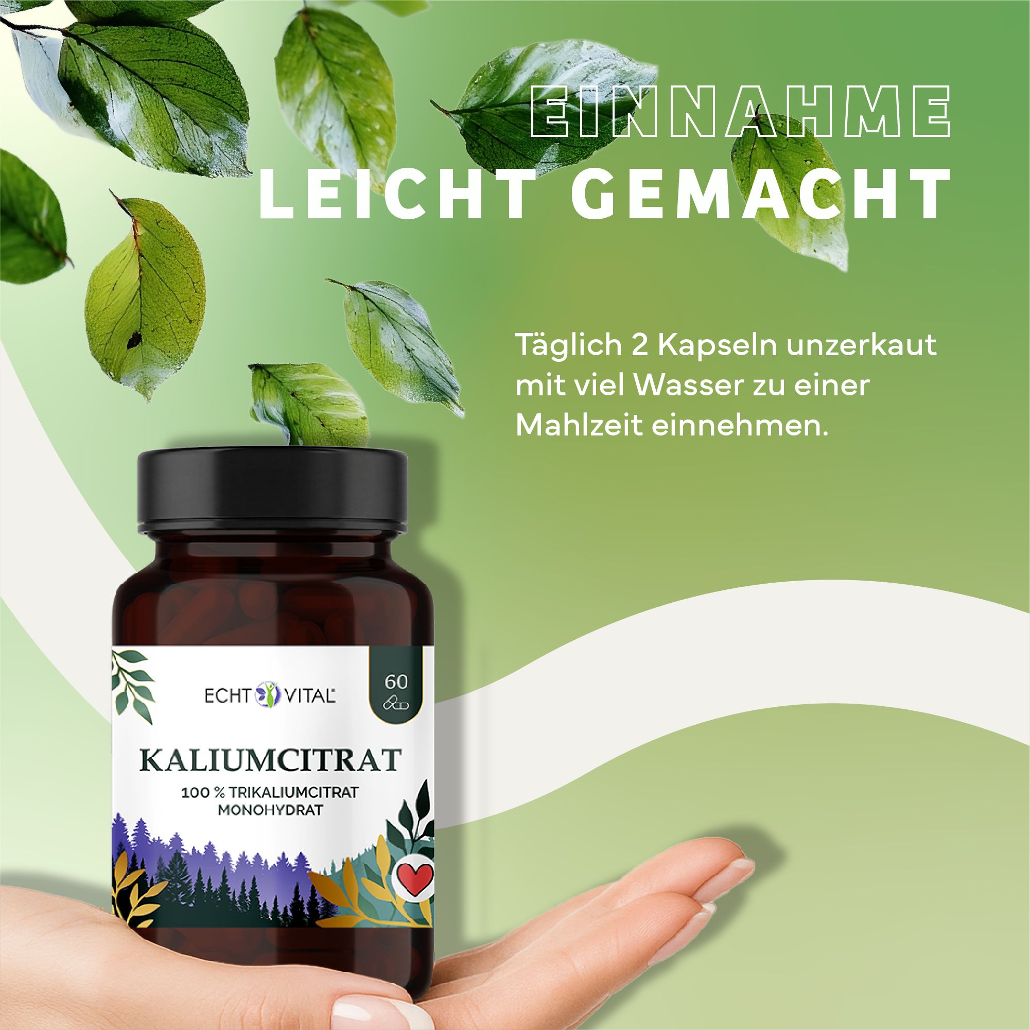 Braune Glasflasche mit schwarzem Deckel. Aufschrift: Echt Vital Kaliumcitrat. Etikett mit Produktinformationen. 60 Kapseln. Einnahme leicht gemacht.