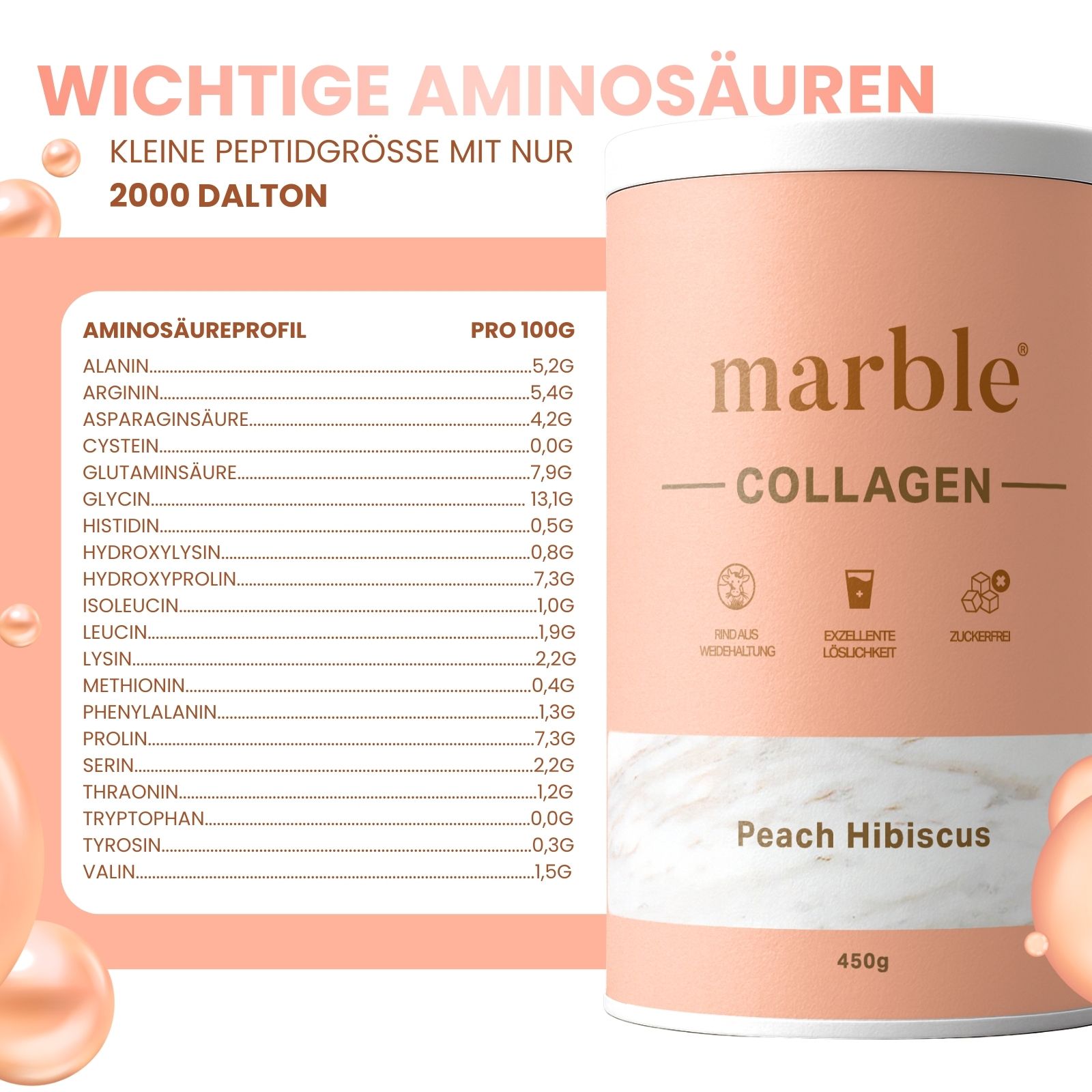 Dose marble® Collagen Pulver Peach Hibiscus. Aminosäureprofil. Kleine Peptidgröße mit nur 2000 Dalton. 450g.