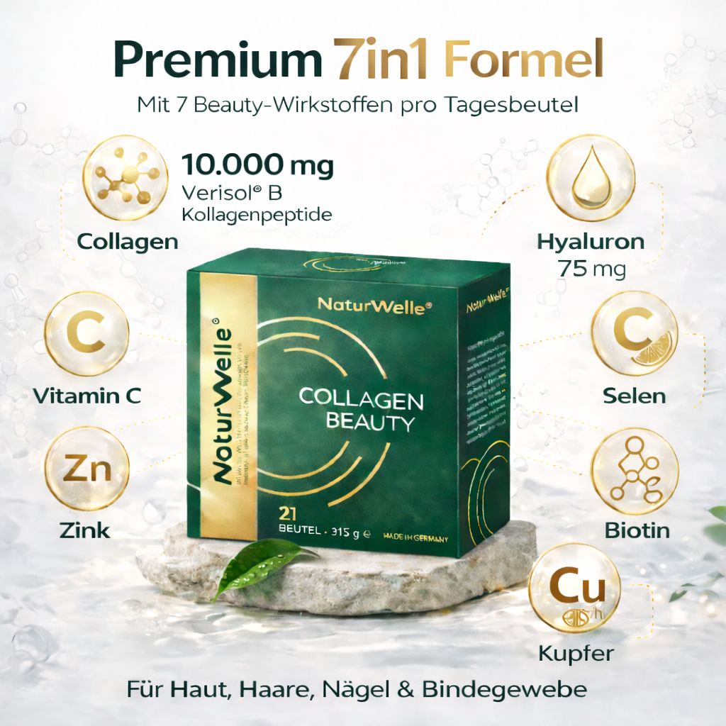 Grüne Schachtel mit Kollagen Beauty. Illustrationen von Inhaltsstoffen. Text: Premium 7in1 Formel.