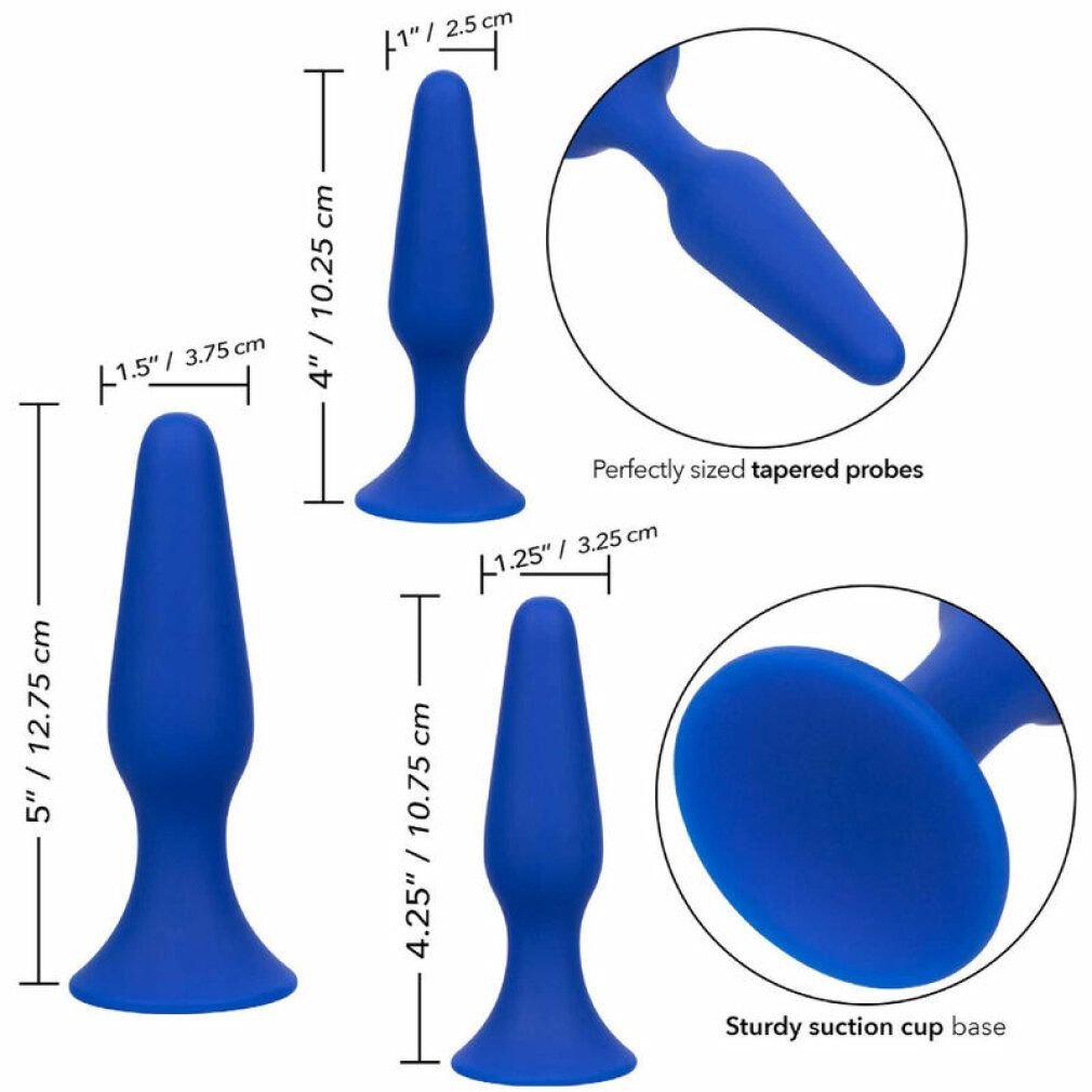Drei blaue Anal Plugs in verschiedenen Größen. Abmessungen in cm angegeben. Aus Silikon.
