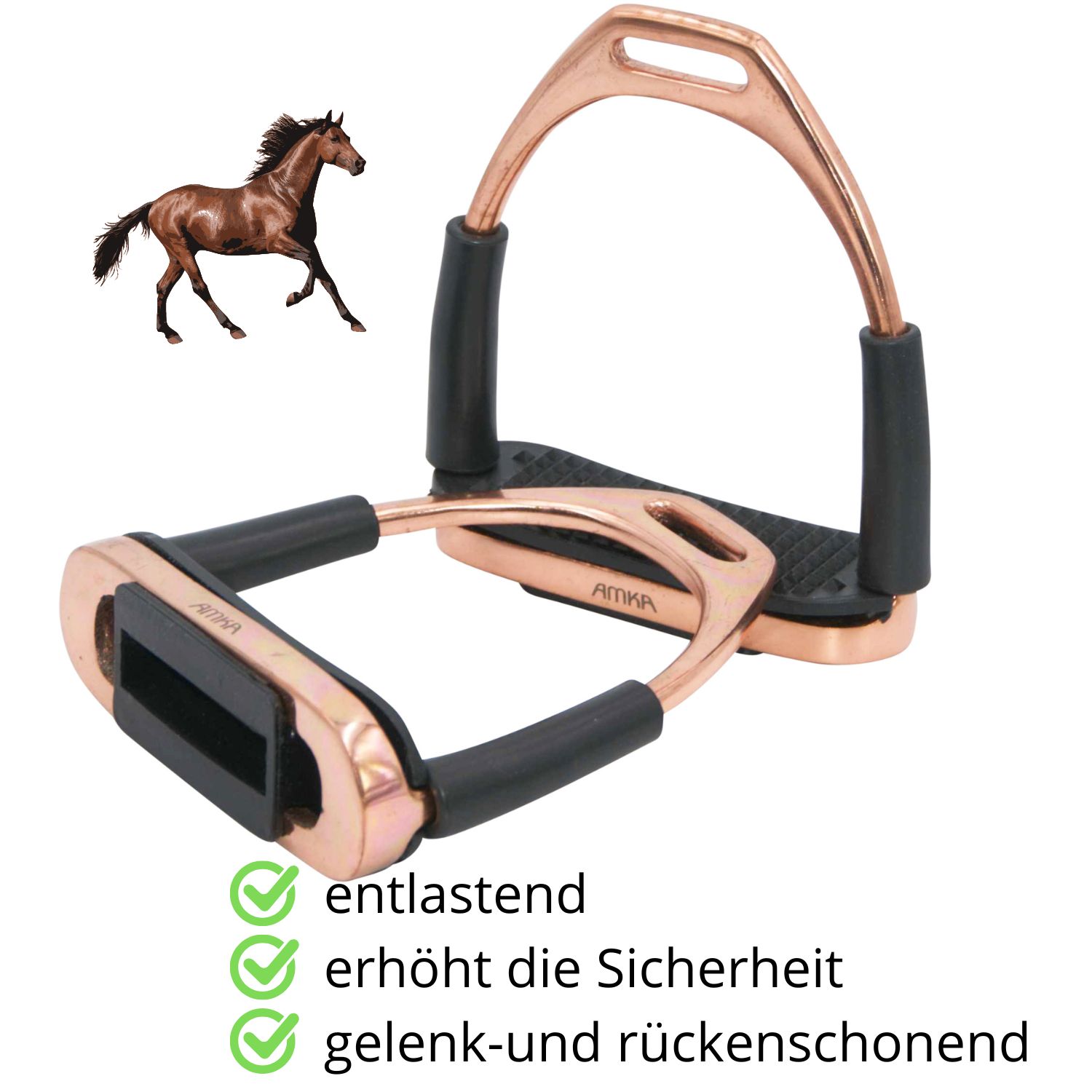 Steigbügel mit Gelenk. Roségoldfarbenes Metall, schwarze Trittfläche. AMKA-Logo. Text: entlastend, erhöht Sicherheit, gelenk- und rückenschonend. Pferd-Illustration.