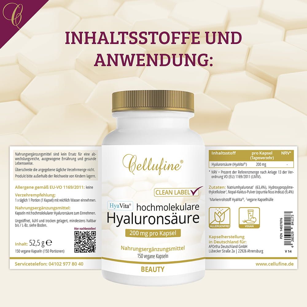 Weiße Flasche mit goldfarbenem Deckel, Produktetikett mit Text: Hyaluronsäure 200 mg, 150 Kapseln, Clean Label, Inhaltsstoffe und Anwendung.