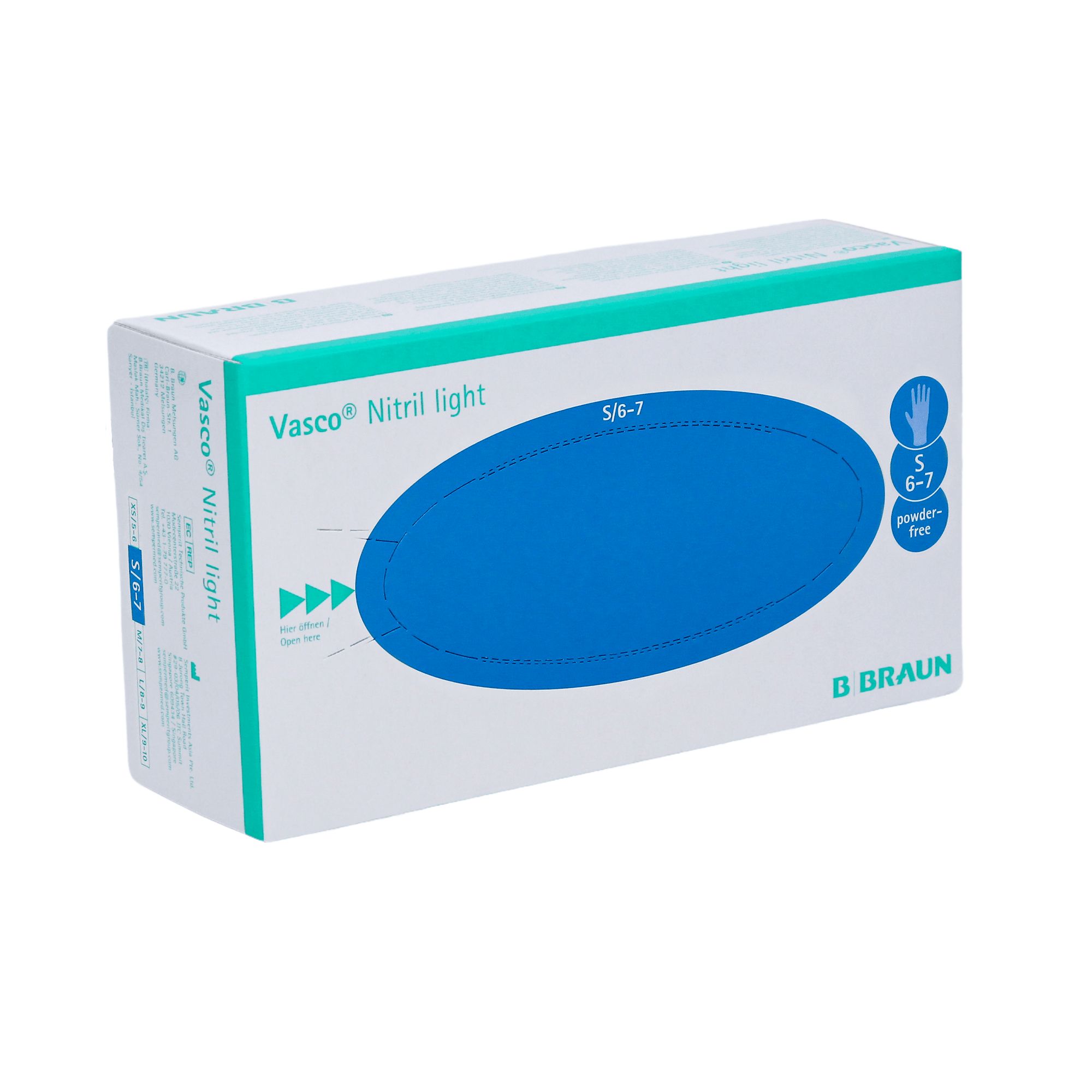 Verpackung von Vasco Nitril light Untersuchungshandschuhen. Weißer Karton mit blauem Oval. Marke und Größenangabe.
