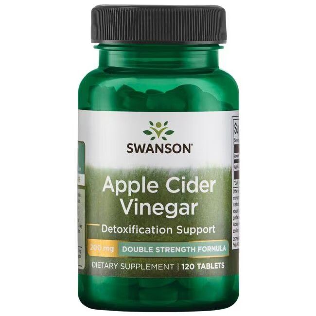 Grüne Flasche mit Tabletten. Aufschrift: SWANSON, Apfelessig, 200 mg, Detoxification Support, 120 Tabletten.