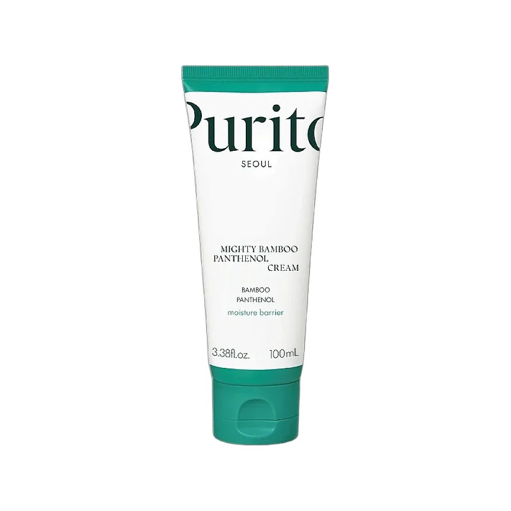 PURITO Mighty Bamboo Panthenol Cream Tube. Grün-weiße Verpackung, Produktname und Text sichtbar. 100ml.